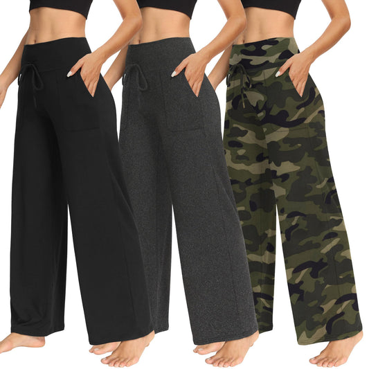 LiaLush 3-Pack Women's Wide Leg Pants with Pockets – Casual Loose Yoga Trouser Sweatpants, Palazzo Lounge & Pajama Pants