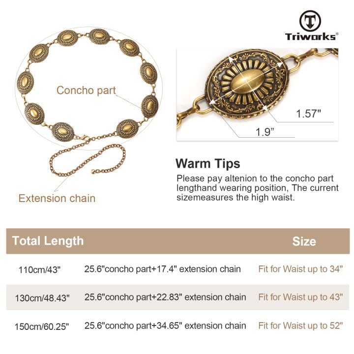 LiaLush Western Concho Chain Belt for Women – Cowgirl Metal Waist Belt for Dresses, Jeans & Country Concerts