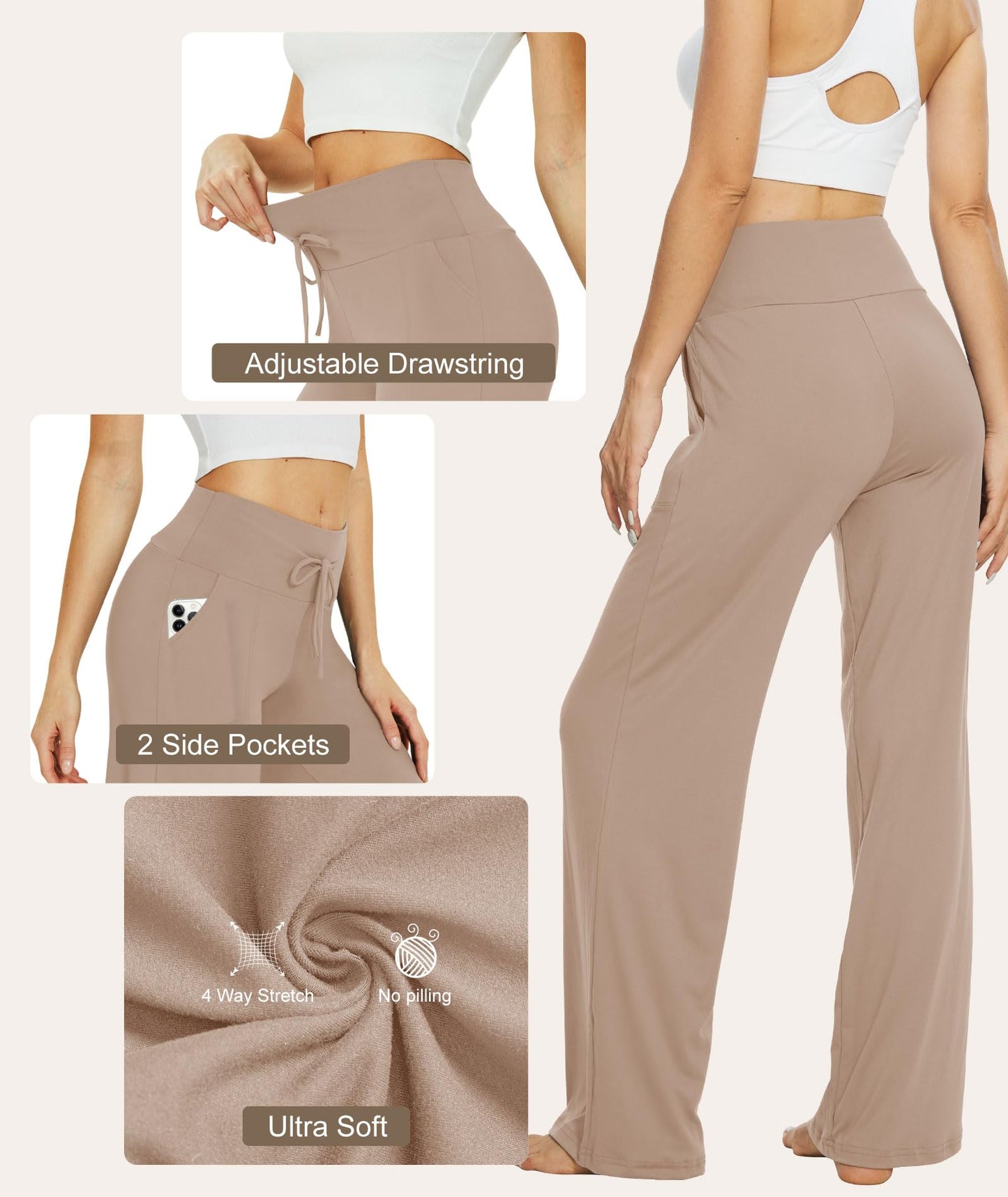 LiaLush 3-Pack Women's Wide Leg Pants with Pockets – Casual Loose Yoga Trouser Sweatpants, Palazzo Lounge & Pajama Pants
