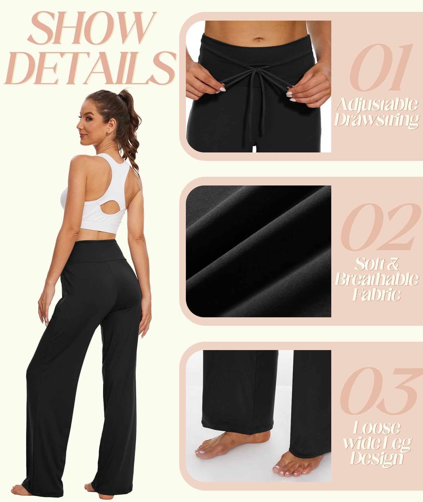 LiaLush 3-Pack Women's Wide Leg Pants with Pockets – Casual Loose Yoga Trouser Sweatpants, Palazzo Lounge & Pajama Pants