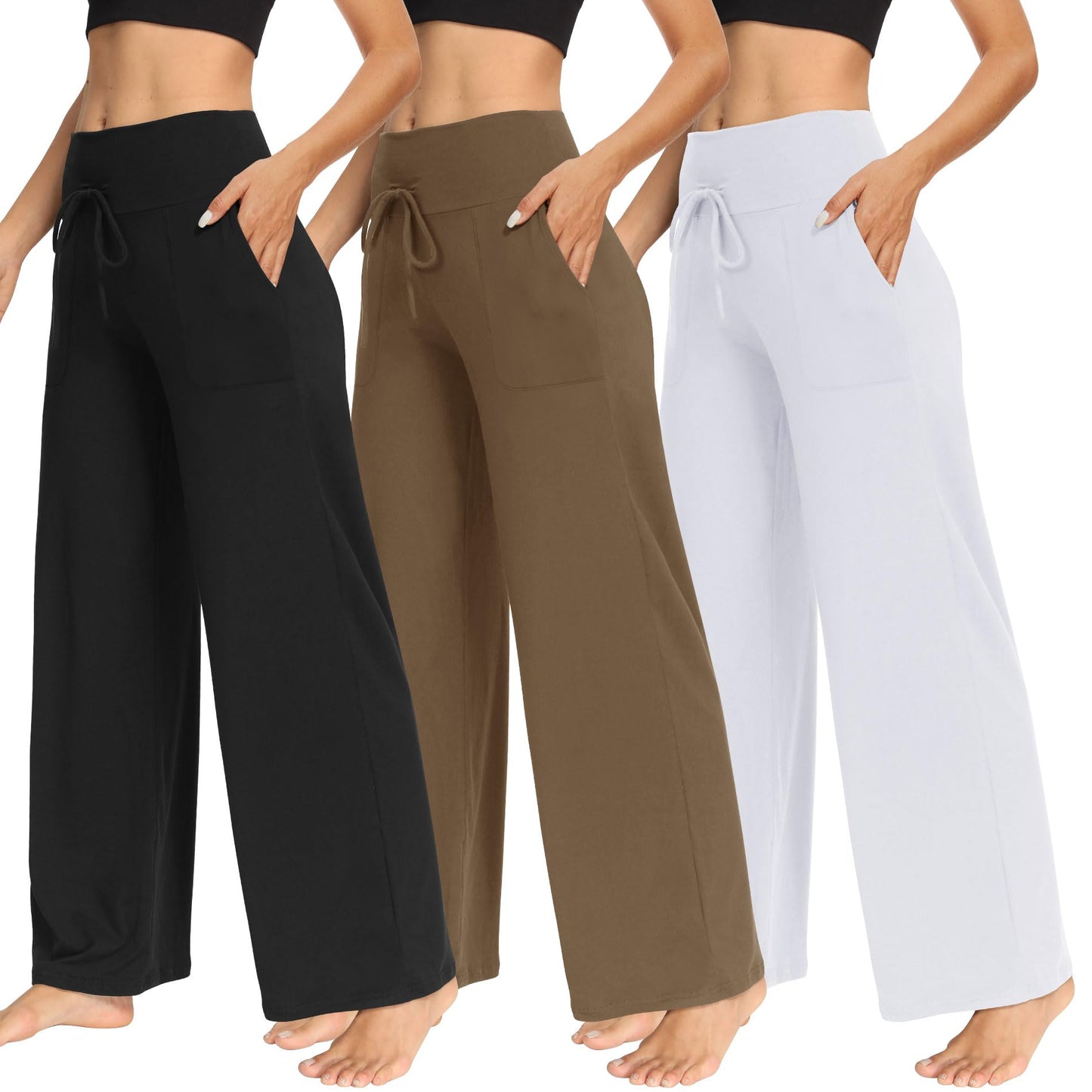 LiaLush 3-Pack Women's Wide Leg Pants with Pockets – Casual Loose Yoga Trouser Sweatpants, Palazzo Lounge & Pajama Pants