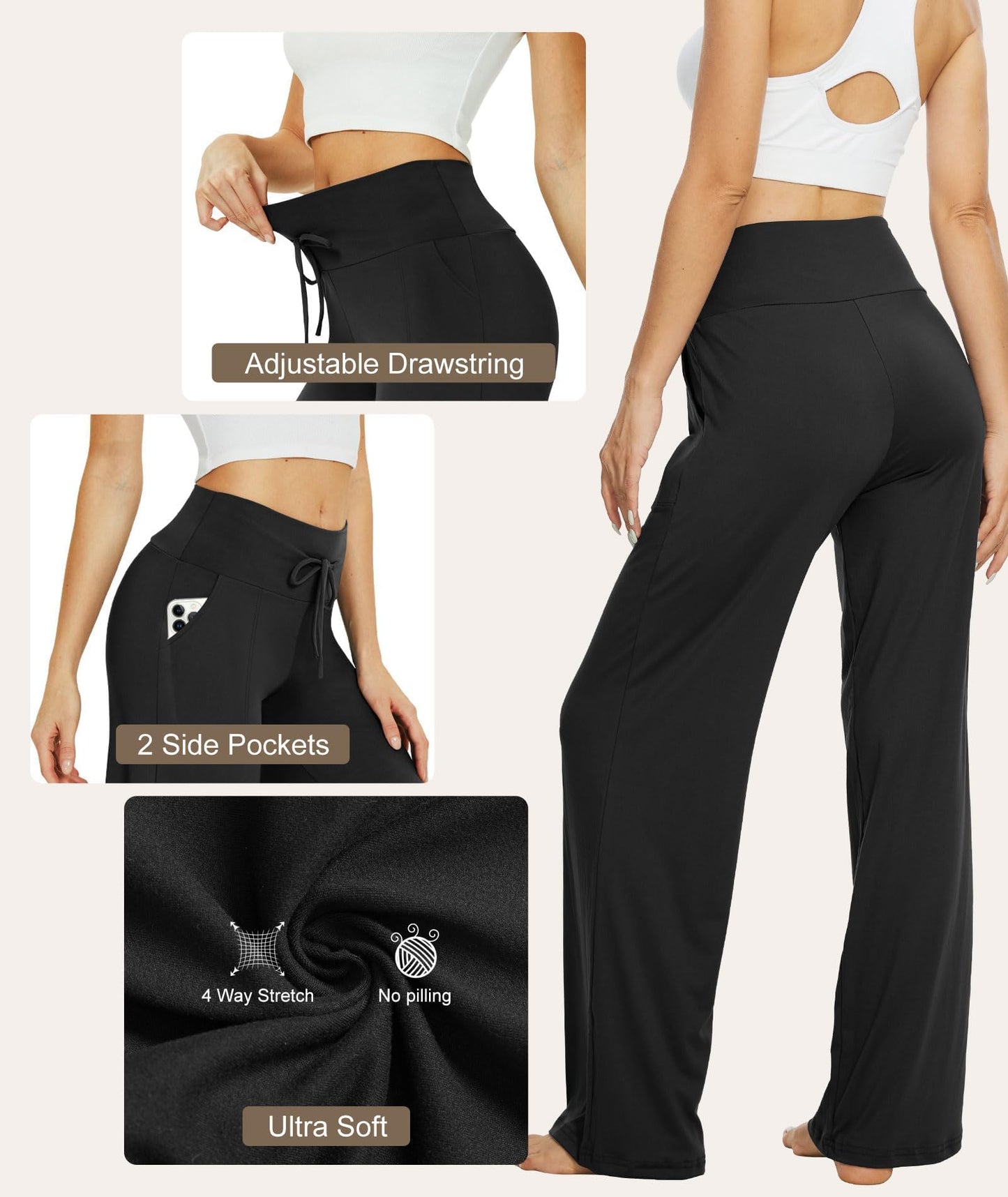 LiaLush 3-Pack Women's Wide Leg Pants with Pockets – Casual Loose Yoga Trouser Sweatpants, Palazzo Lounge & Pajama Pants
