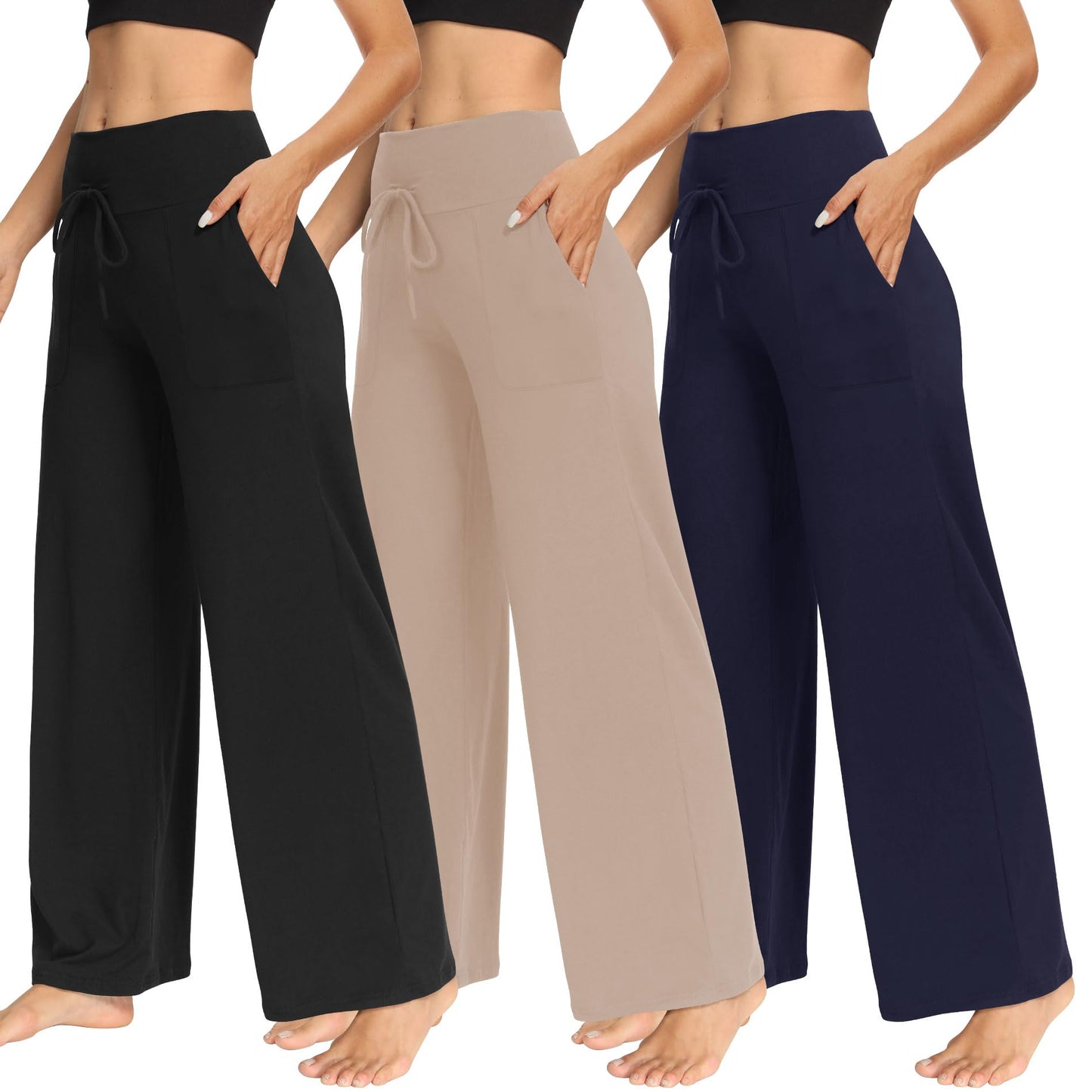 LiaLush 3-Pack Women's Wide Leg Pants with Pockets – Casual Loose Yoga Trouser Sweatpants, Palazzo Lounge & Pajama Pants