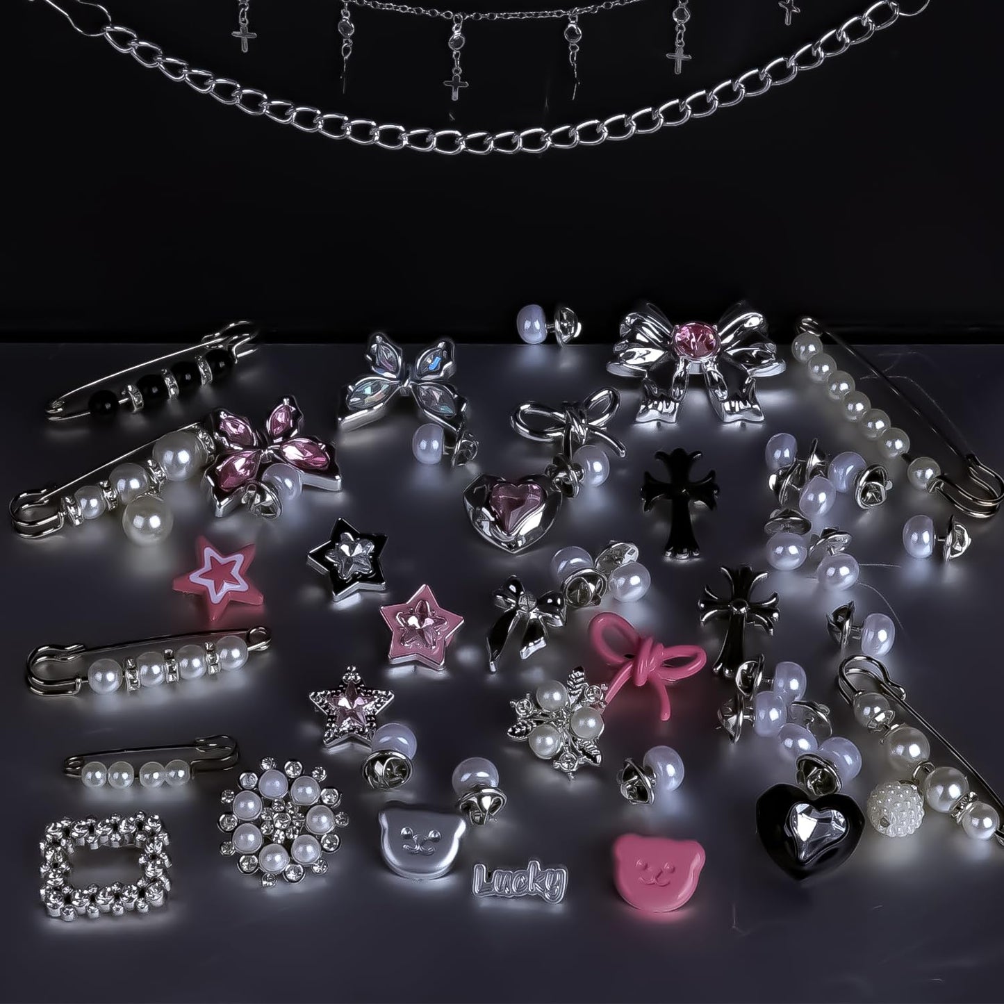 LiaLush 62pcs Sock Charm Set – Safety Pins, Rhinestone & Pearl Brooch Charms for Socks, Shoes & Clothing
