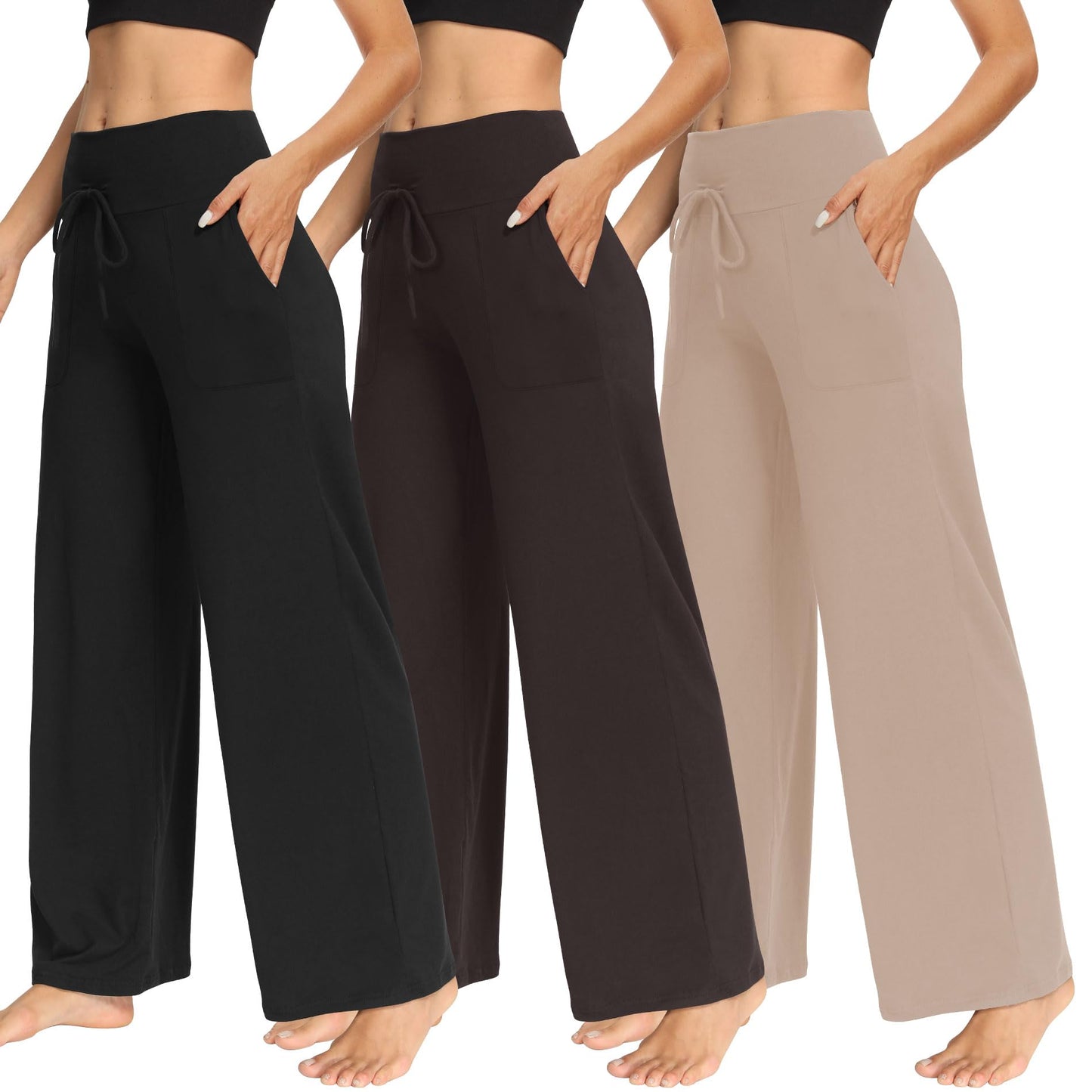 LiaLush 3-Pack Women's Wide Leg Pants with Pockets – Casual Loose Yoga Trouser Sweatpants, Palazzo Lounge & Pajama Pants