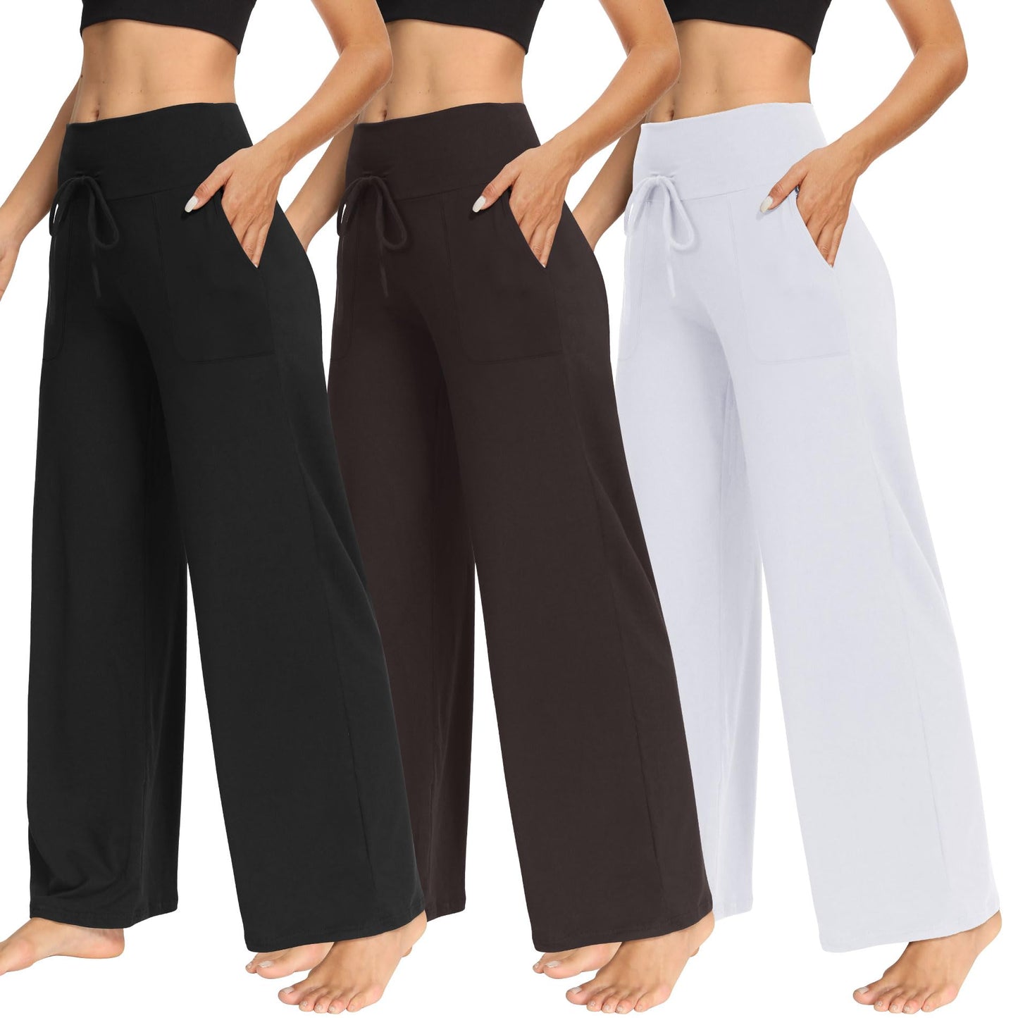 LiaLush 3-Pack Women's Wide Leg Pants with Pockets – Casual Loose Yoga Trouser Sweatpants, Palazzo Lounge & Pajama Pants