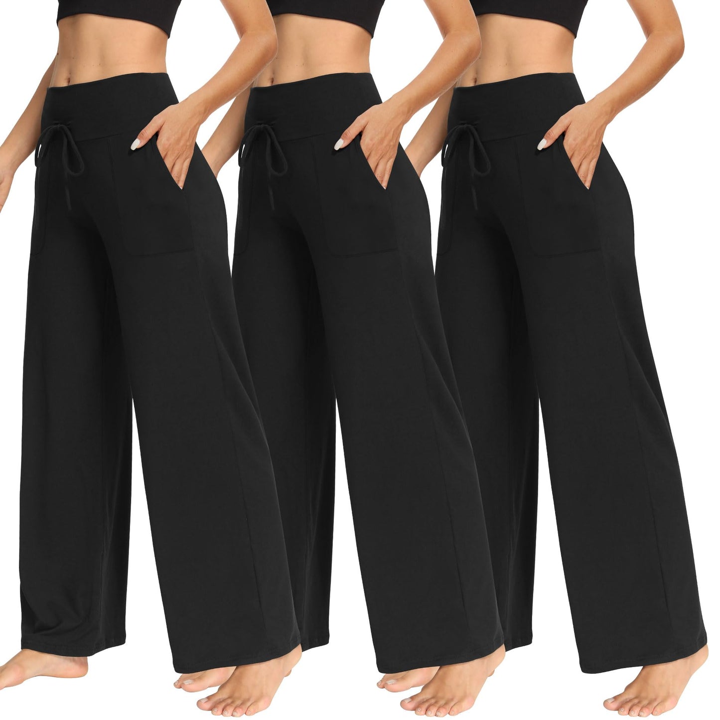 LiaLush 3-Pack Women's Wide Leg Pants with Pockets – Casual Loose Yoga Trouser Sweatpants, Palazzo Lounge & Pajama Pants