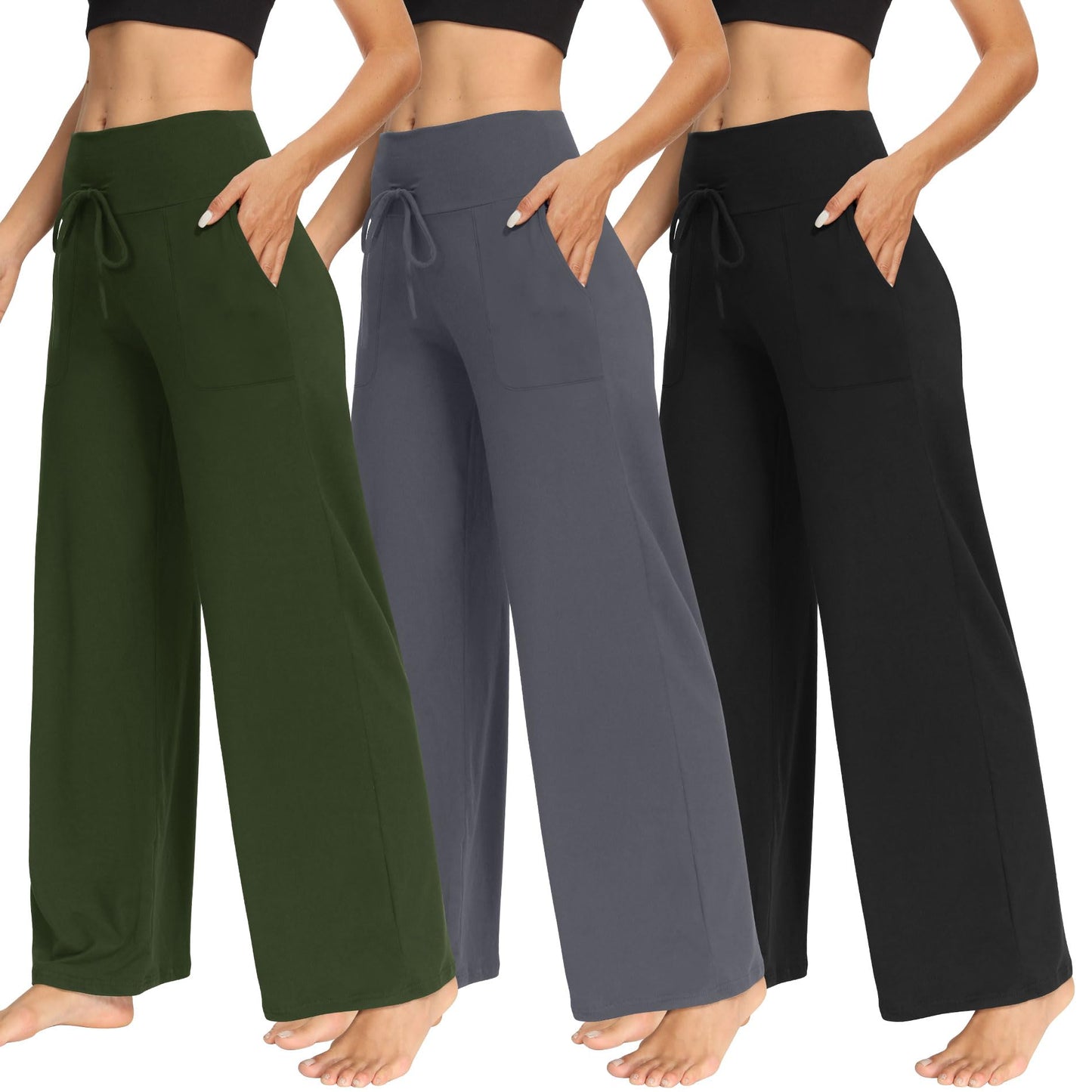 LiaLush 3-Pack Women's Wide Leg Pants with Pockets – Casual Loose Yoga Trouser Sweatpants, Palazzo Lounge & Pajama Pants