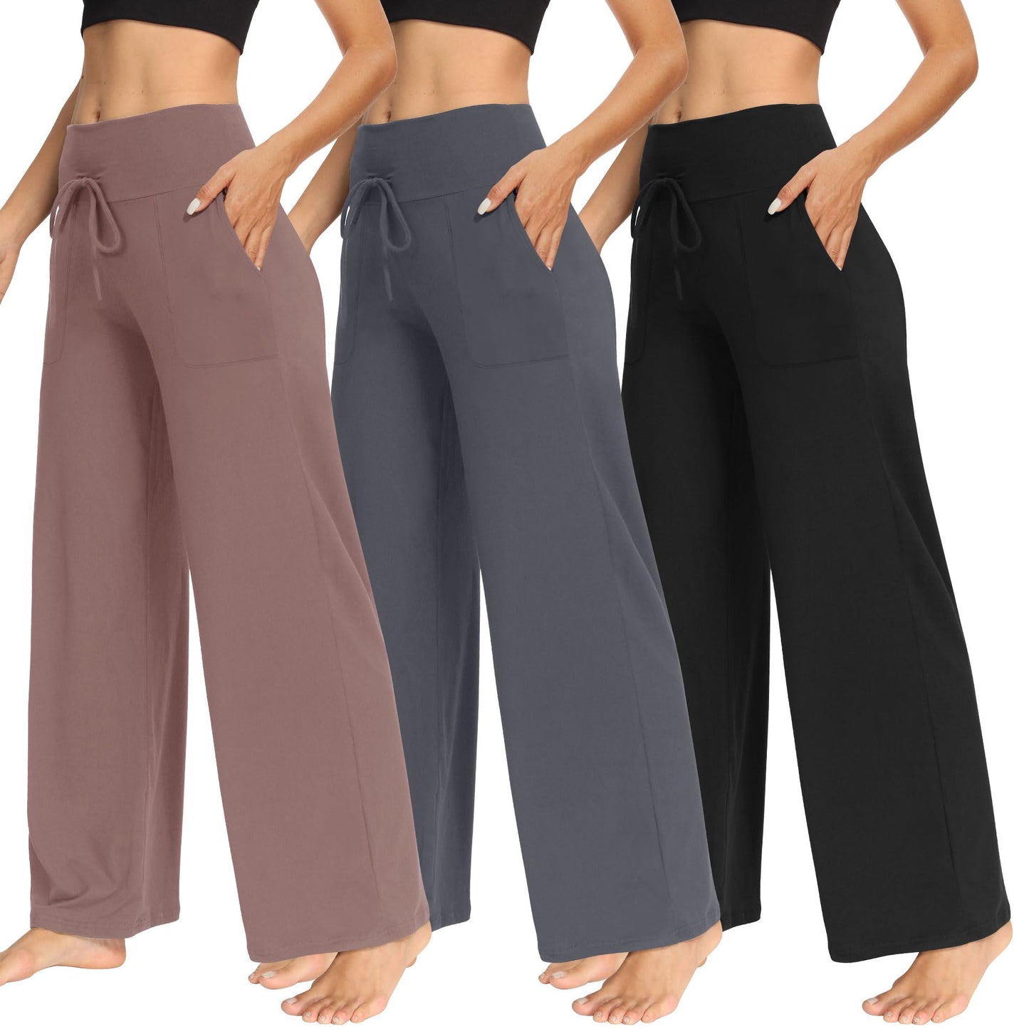 LiaLush 3-Pack Women's Wide Leg Pants with Pockets – Casual Loose Yoga Trouser Sweatpants, Palazzo Lounge & Pajama Pants