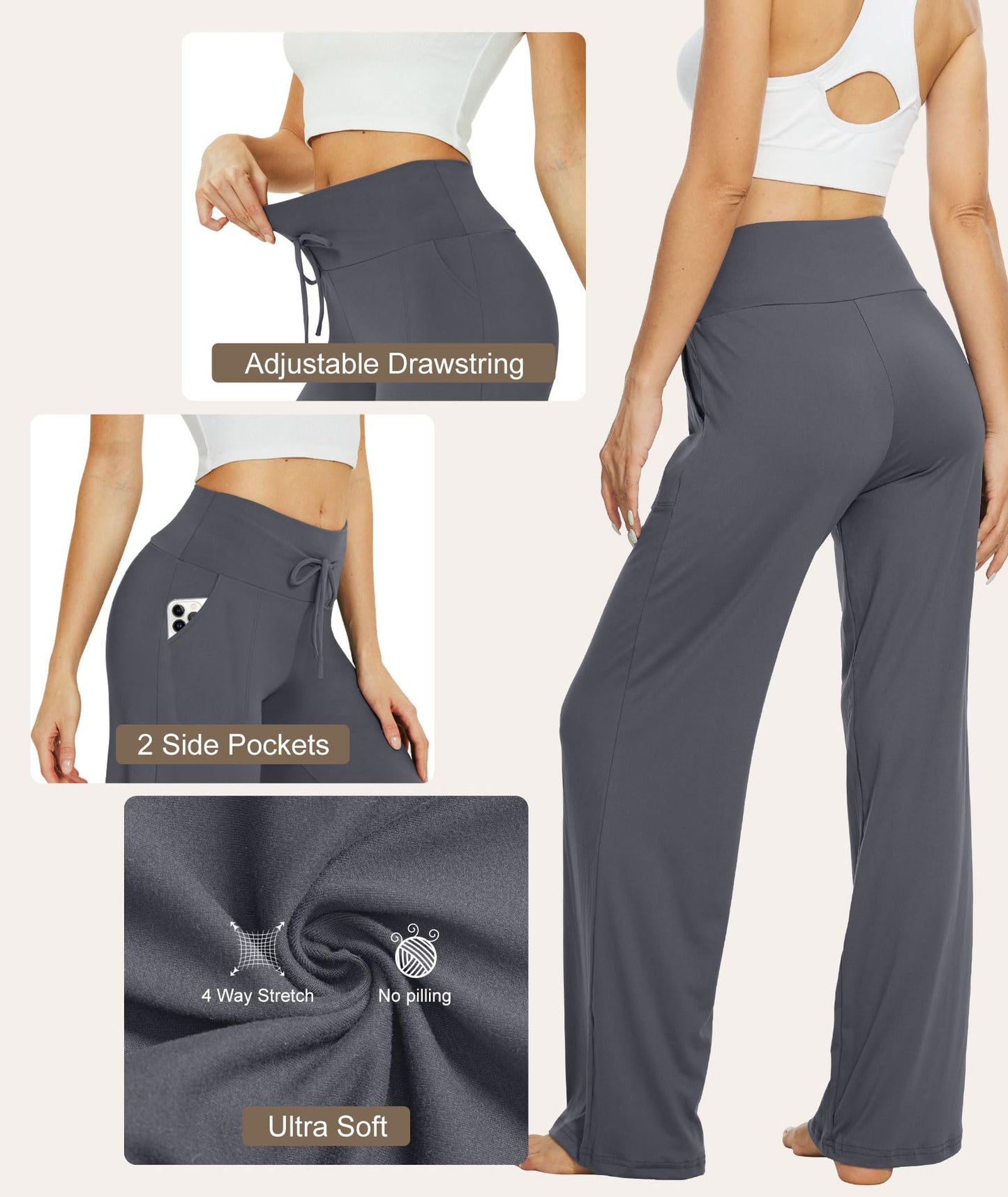 LiaLush 3-Pack Women's Wide Leg Pants with Pockets – Casual Loose Yoga Trouser Sweatpants, Palazzo Lounge & Pajama Pants