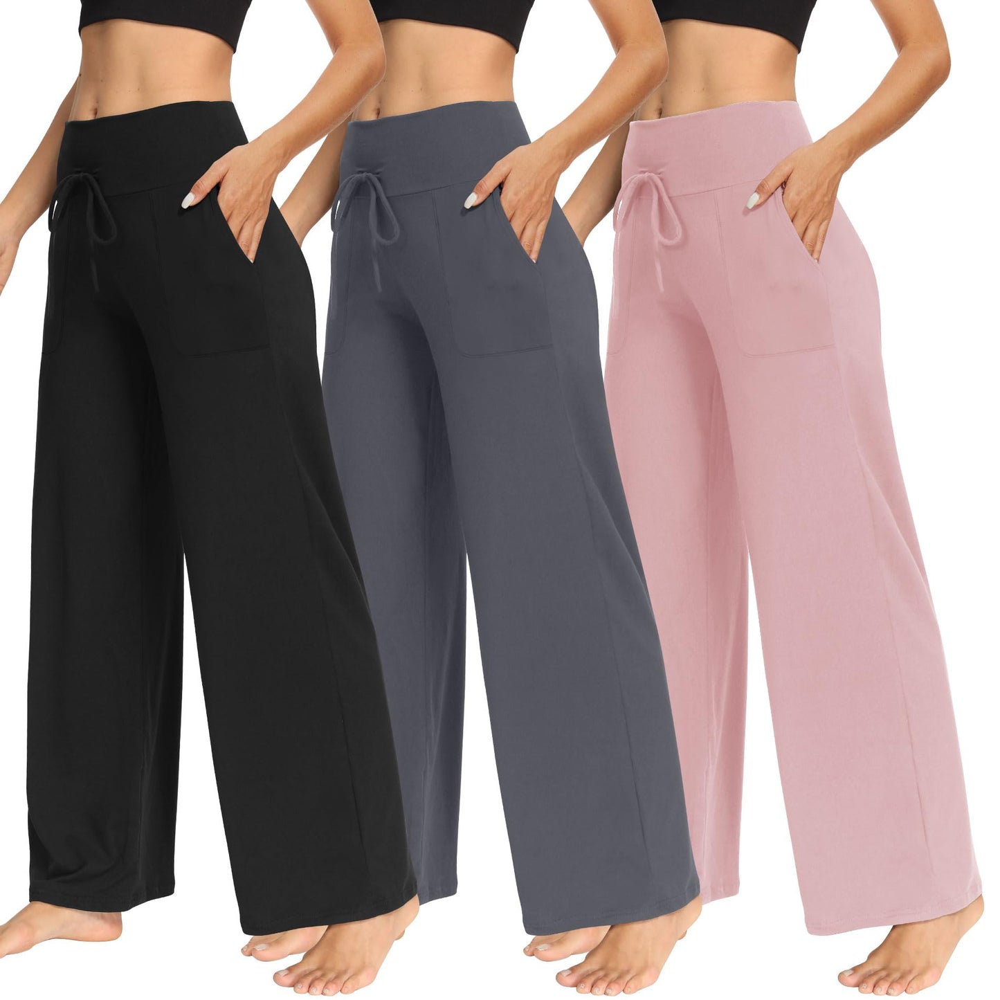 LiaLush 3-Pack Women's Wide Leg Pants with Pockets – Casual Loose Yoga Trouser Sweatpants, Palazzo Lounge & Pajama Pants