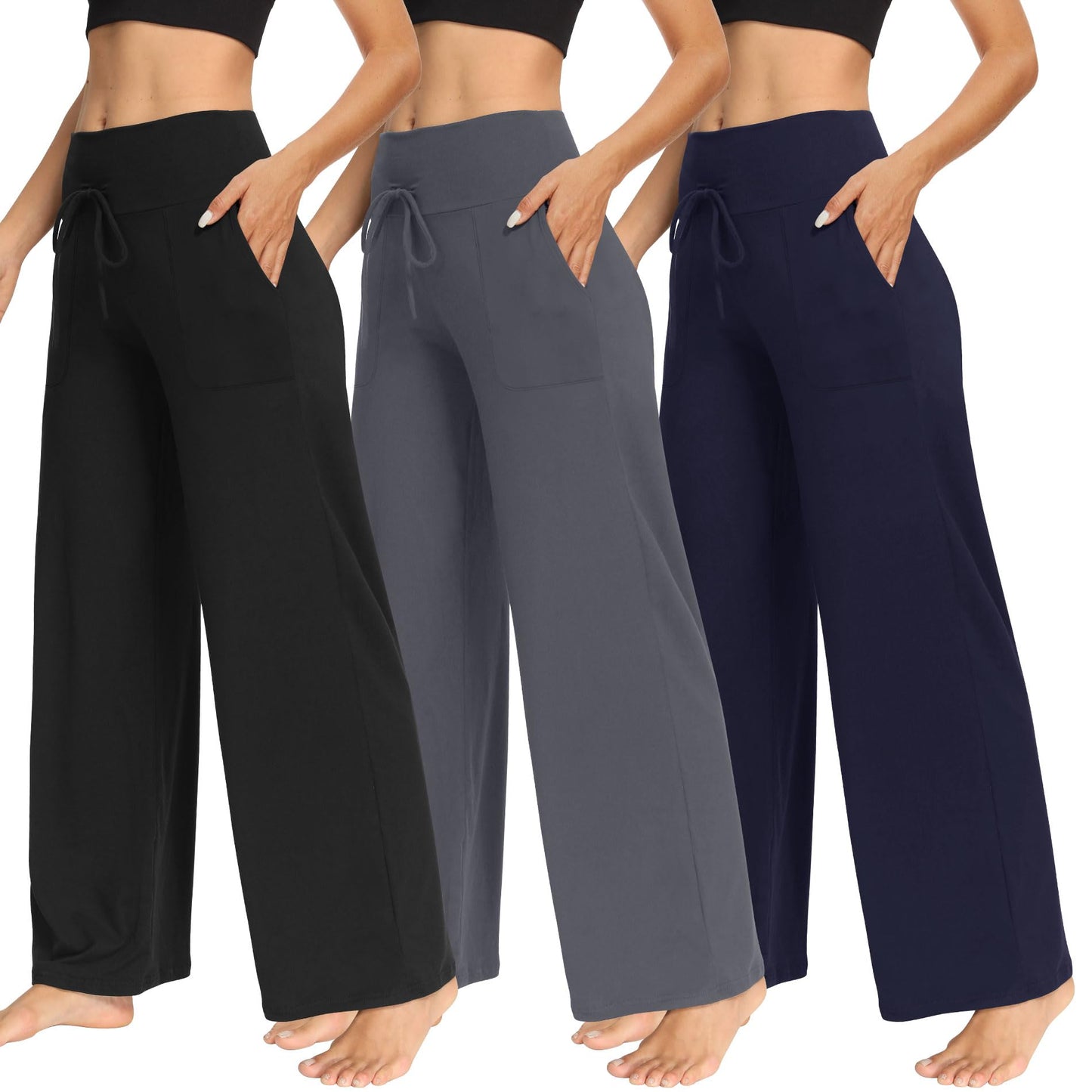 LiaLush 3-Pack Women's Wide Leg Pants with Pockets – Casual Loose Yoga Trouser Sweatpants, Palazzo Lounge & Pajama Pants