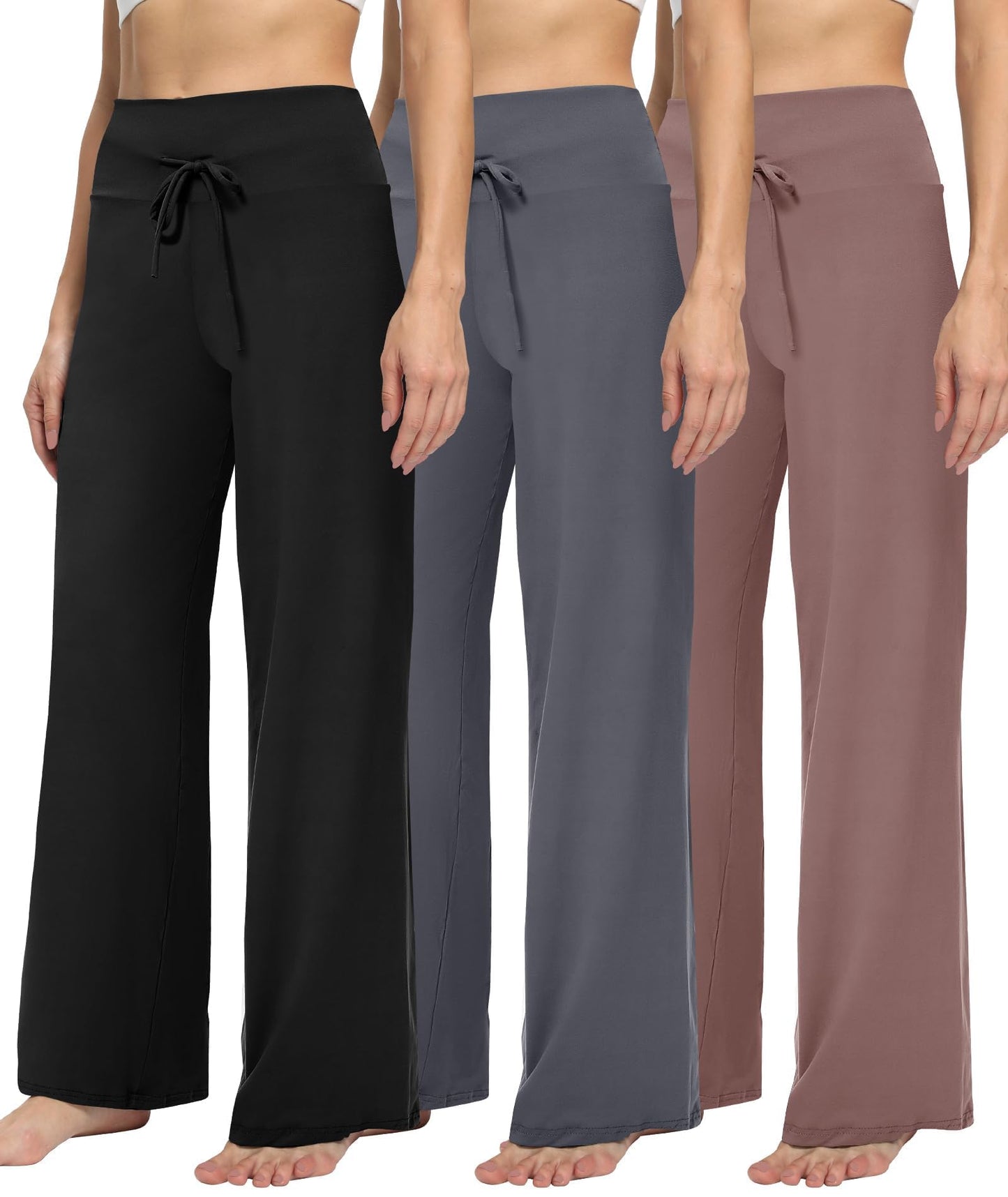 LiaLush 3-Pack Women's Wide Leg Pants with Pockets – Casual Loose Yoga Trouser Sweatpants, Palazzo Lounge & Pajama Pants