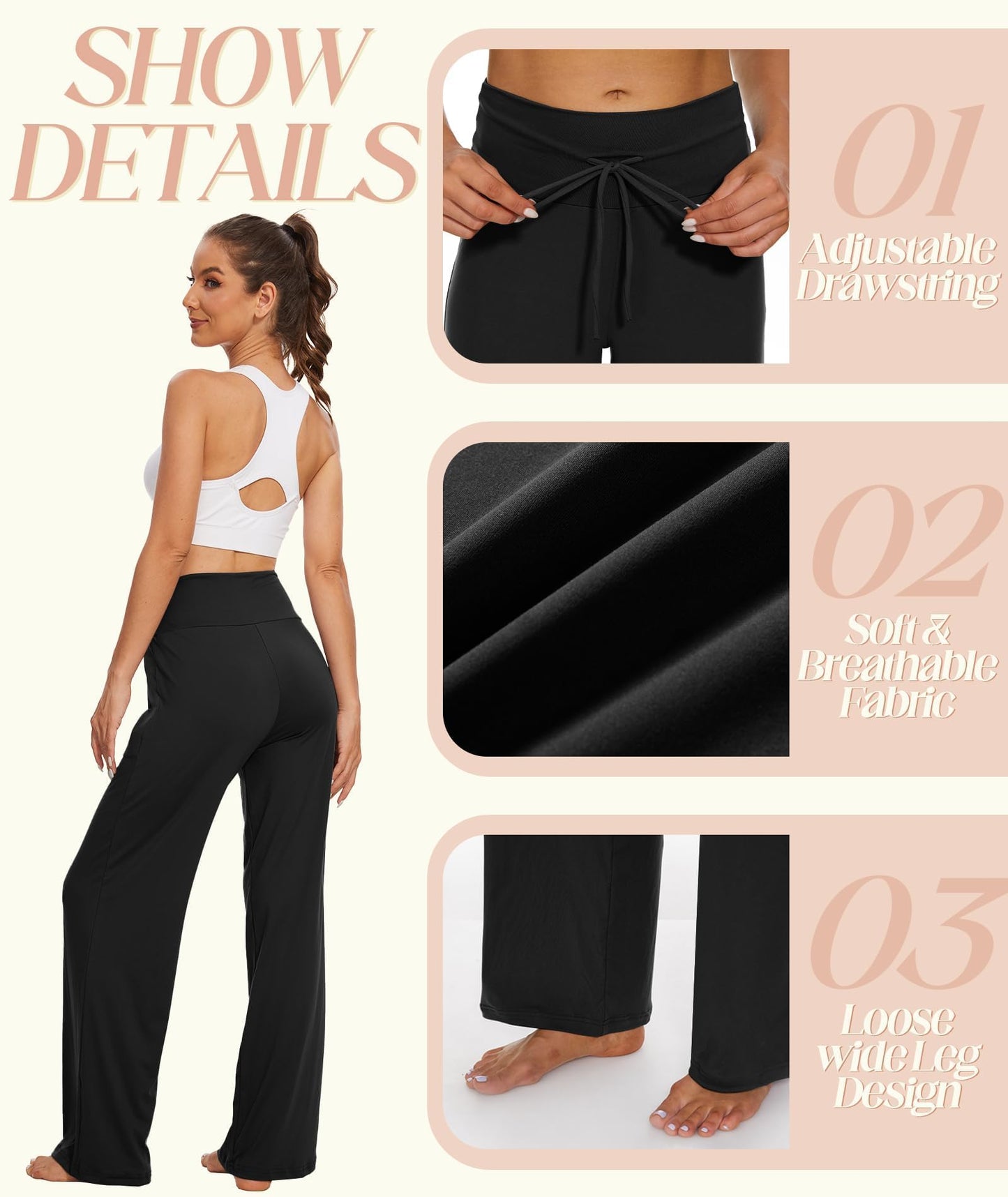 LiaLush 3-Pack Women's Wide Leg Pants with Pockets – Casual Loose Yoga Trouser Sweatpants, Palazzo Lounge & Pajama Pants