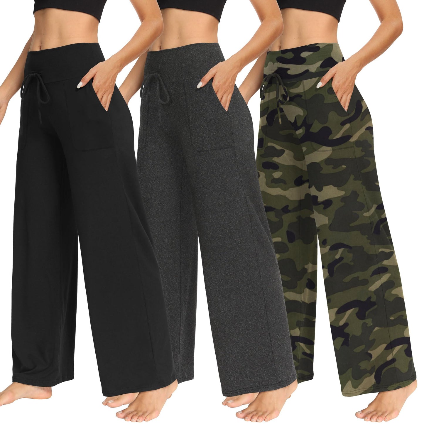 LiaLush 3-Pack Women's Wide Leg Pants with Pockets – Casual Loose Yoga Trouser Sweatpants, Palazzo Lounge & Pajama Pants