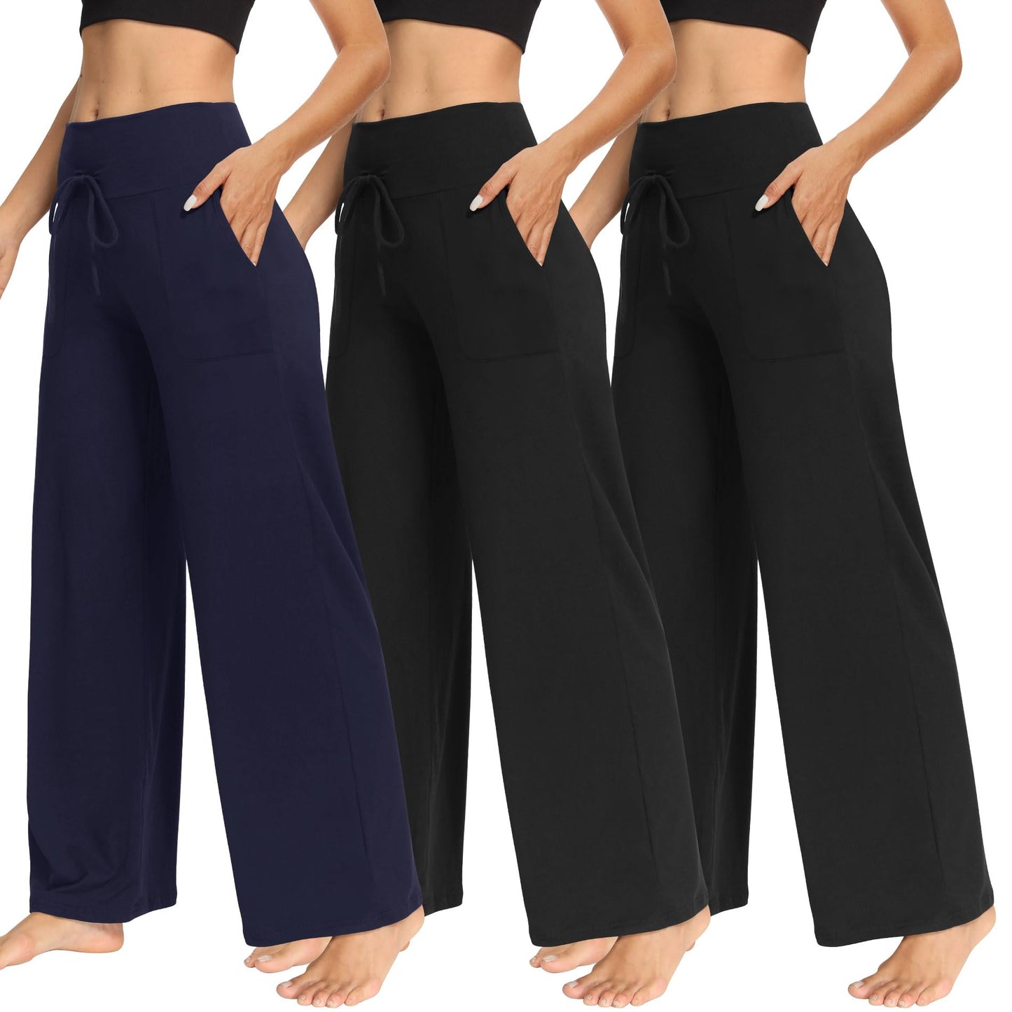 LiaLush 3-Pack Women's Wide Leg Pants with Pockets – Casual Loose Yoga Trouser Sweatpants, Palazzo Lounge & Pajama Pants