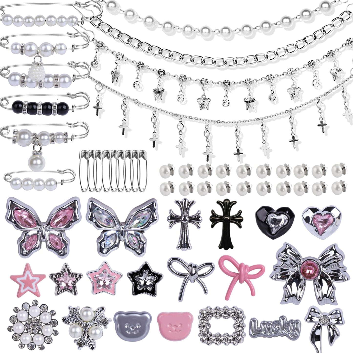 LiaLush 62pcs Sock Charm Set – Safety Pins, Rhinestone & Pearl Brooch Charms for Socks, Shoes & Clothing