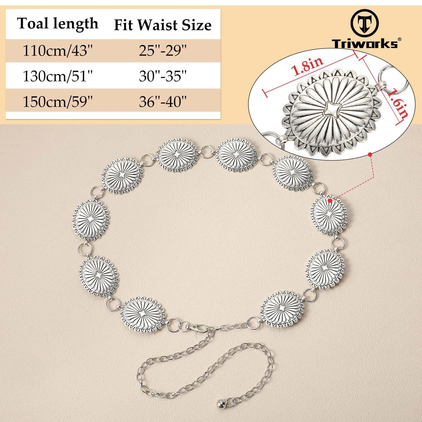 LiaLush Western Concho Chain Belt for Women – Cowgirl Metal Waist Belt for Dresses, Jeans & Country Concerts