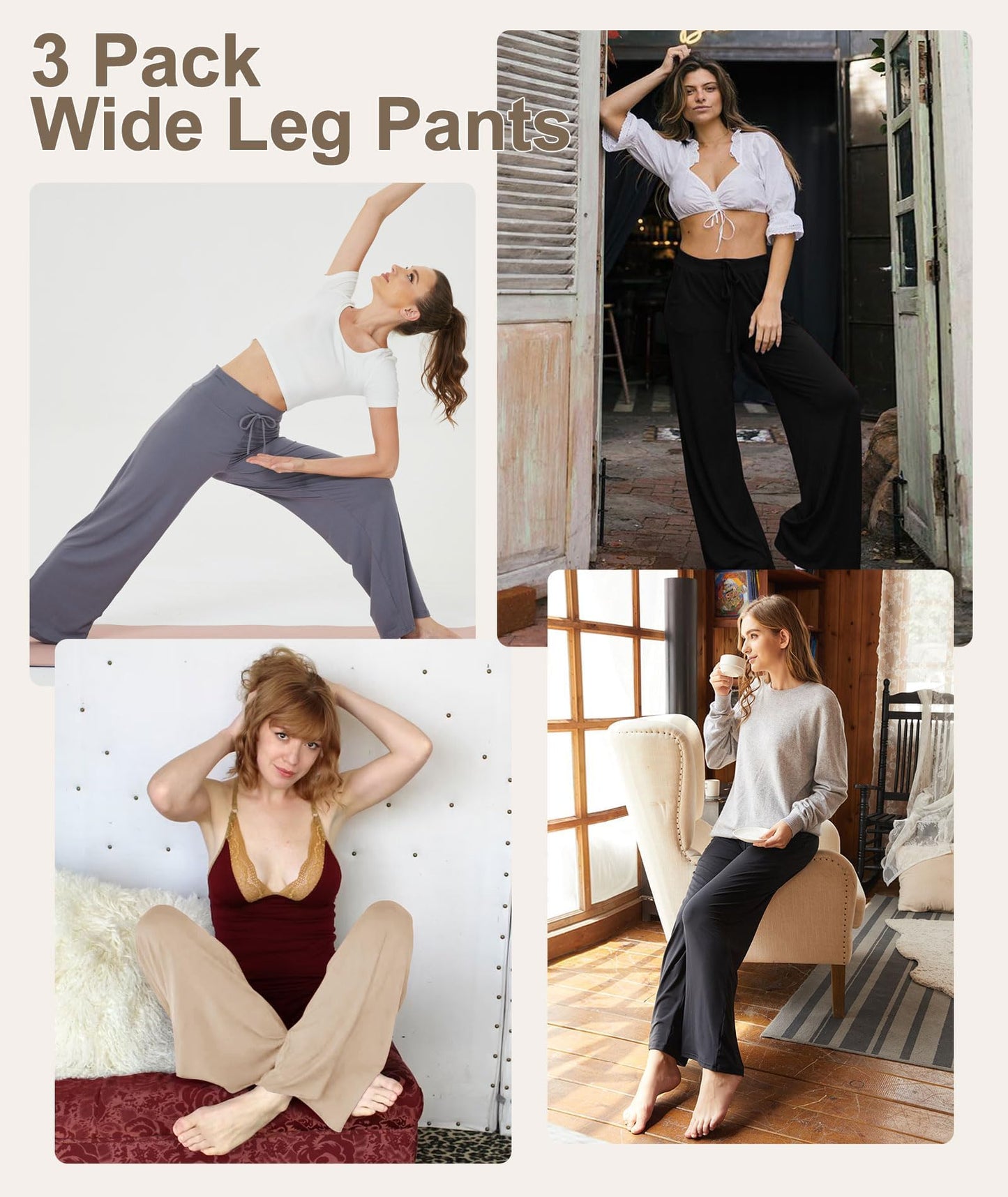 LiaLush 3-Pack Women's Wide Leg Pants with Pockets – Casual Loose Yoga Trouser Sweatpants, Palazzo Lounge & Pajama Pants