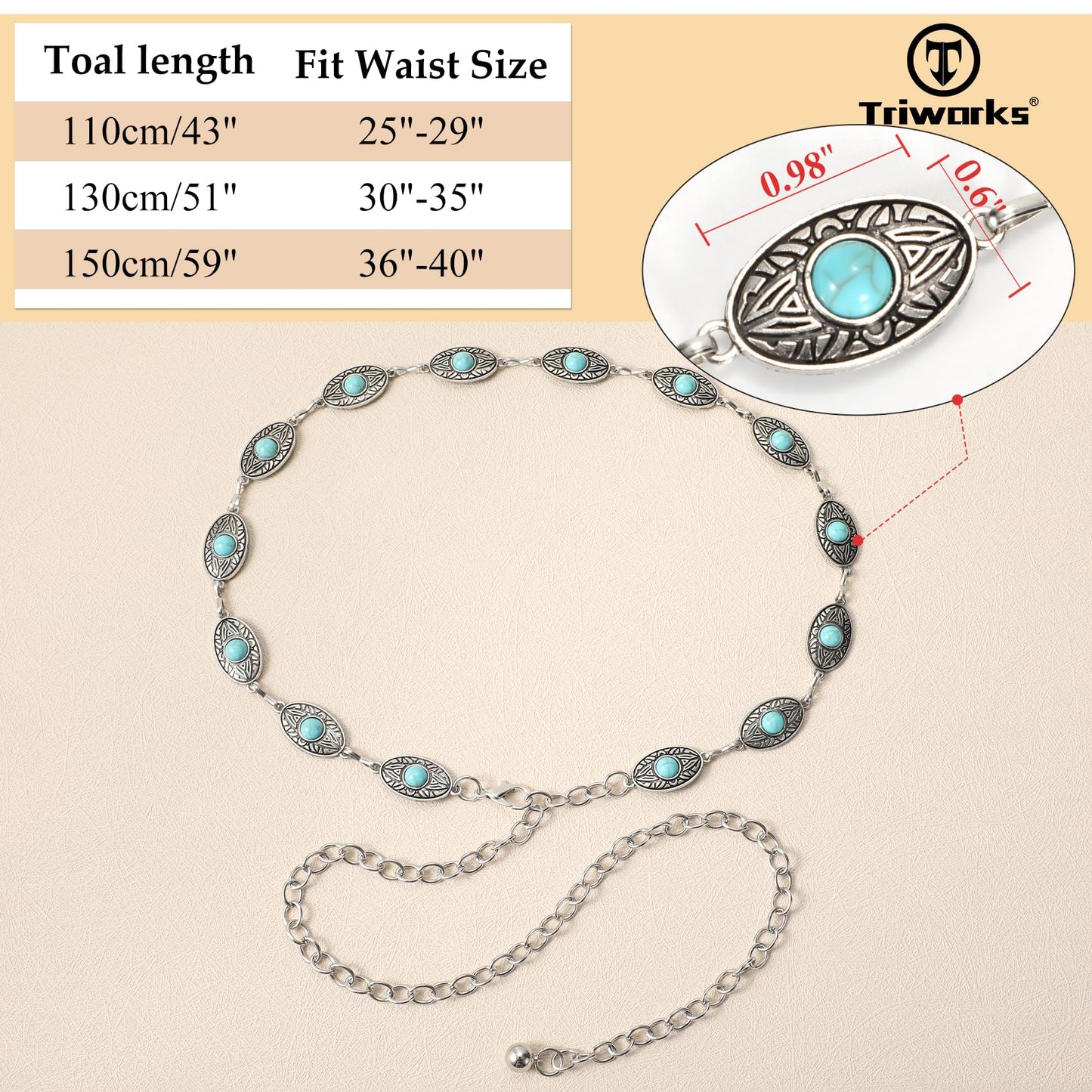 LiaLush Western Concho Chain Belt for Women – Cowgirl Metal Waist Belt for Dresses, Jeans & Country Concerts