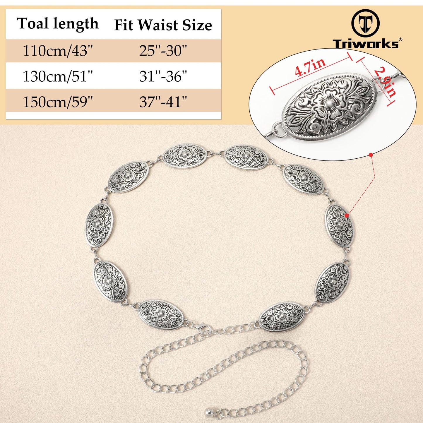 LiaLush Western Concho Chain Belt for Women – Cowgirl Metal Waist Belt for Dresses, Jeans & Country Concerts